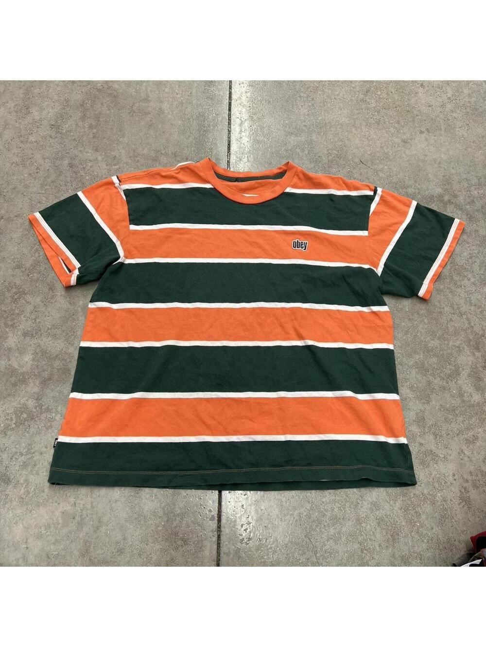 vintage obey orange and green striped heavyweight shirt size large